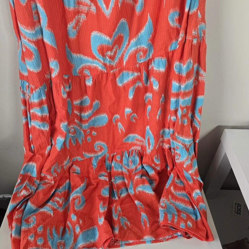 NWT Crown & Ivy One Shoulder Tie Maxi Sundress XL Orange Blue Ikat Print Pockets